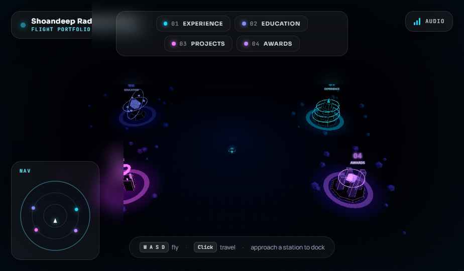 The 3D portfolio world — glowing stations orbiting on a grid under a starfield