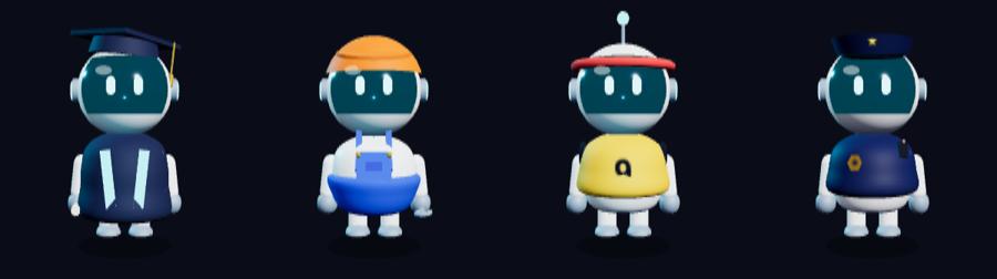 The 3D Astro in four outfits: graduate, mechanic, sports jersey and space police