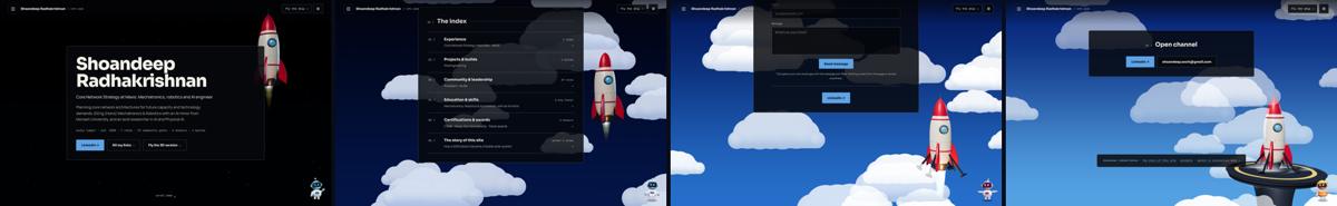 Four frames of the live 3D landing: space, clouds, legs out and touchdown on the pad