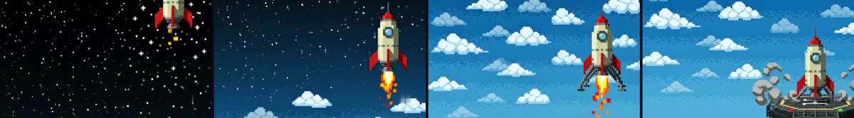 Four frames of the old rocket film: space, clouds, legs out and landing